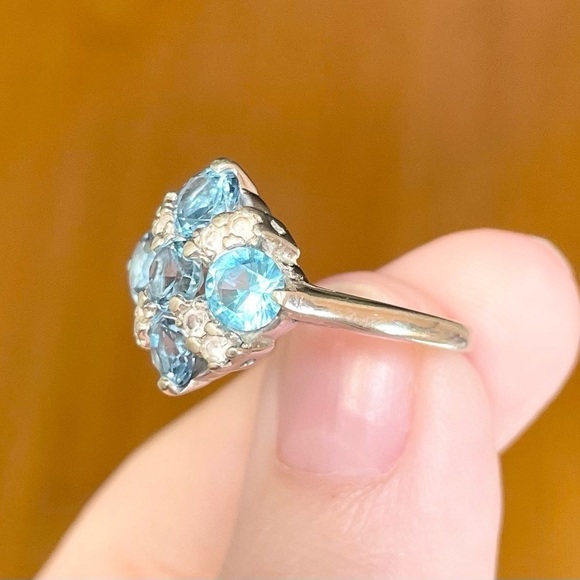swiss blue topaz diamond flower snowflake 10k solid white gold cluster r… - Picture 7 of 11